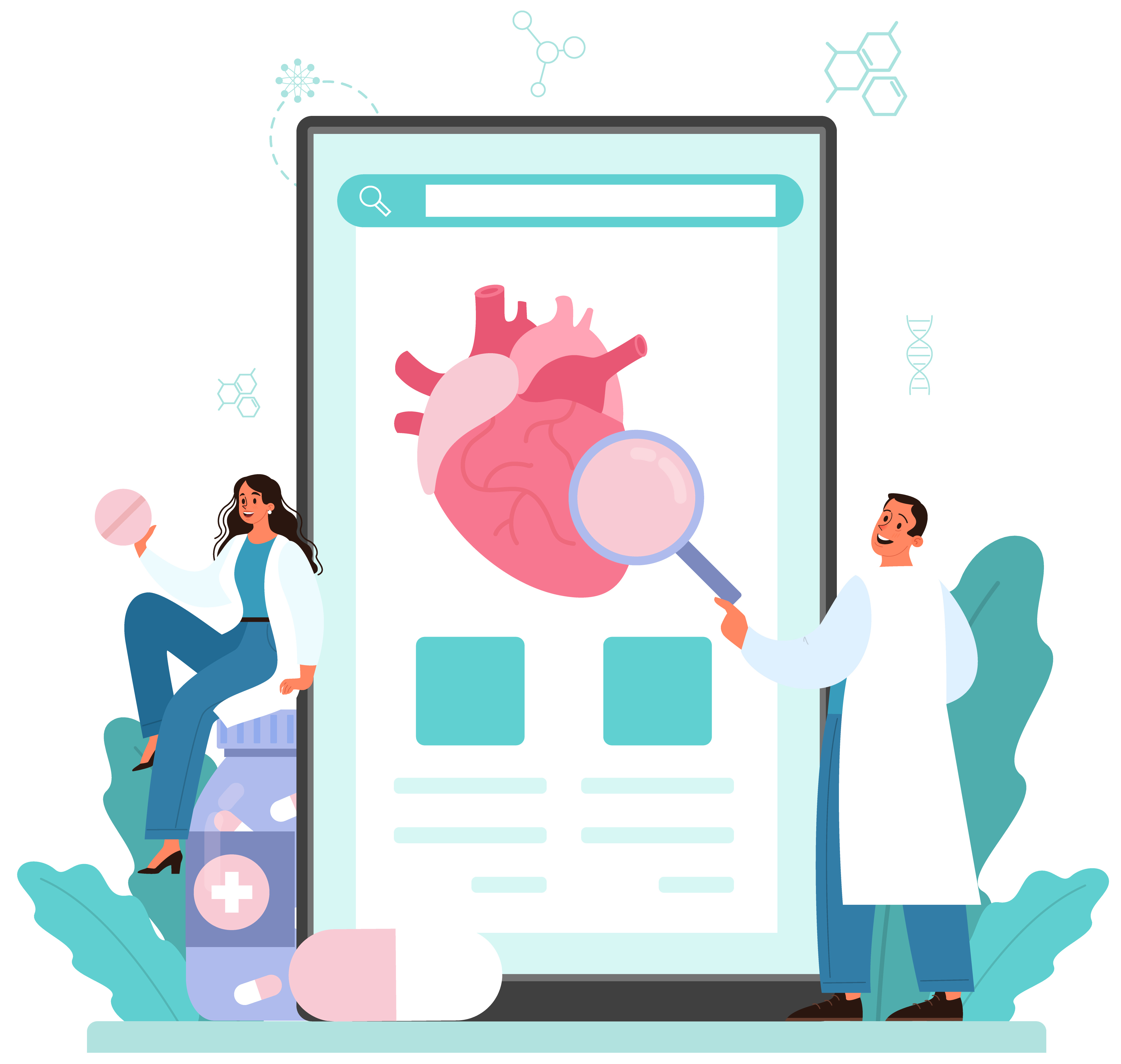 Infographic cartoon of doctors looking at an oversized tablet screen